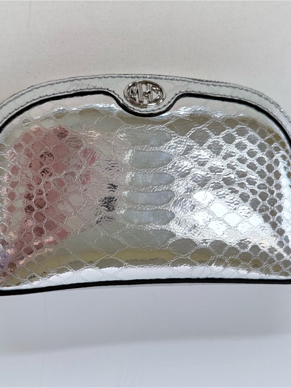 Michael Kors collection  Silver Metallic Snake-Embossed cosmetic bag with  Logo
